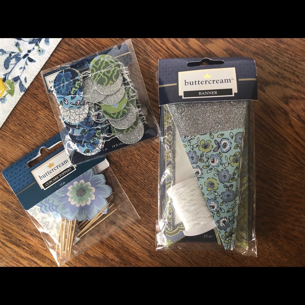 Buttercream Party Decor Bundle Blue Boho Floral- Cupcake toppers & 2 banners